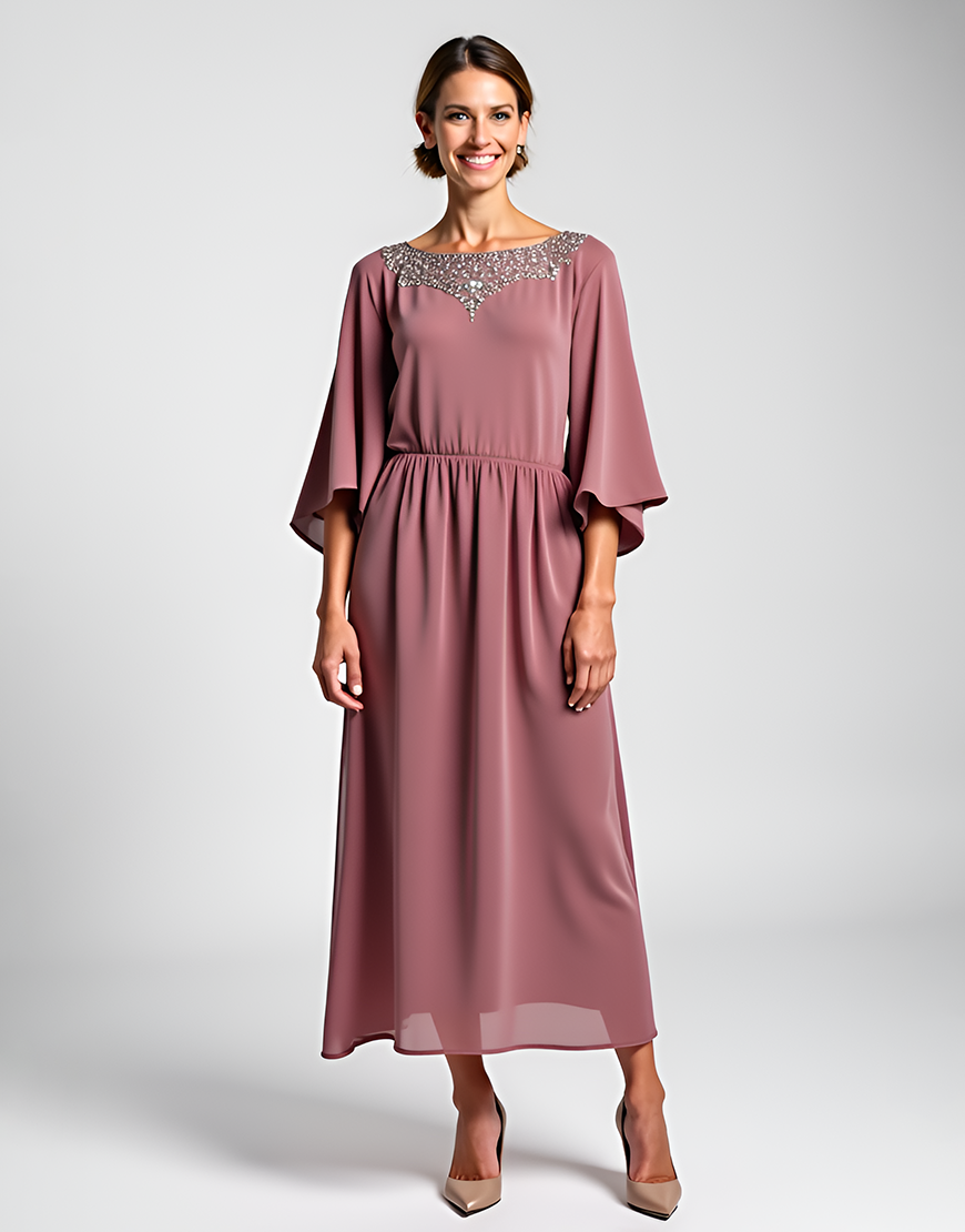 Vintage Mauve Scoop Beaded Half Sleeves Mother of the Bride Dress