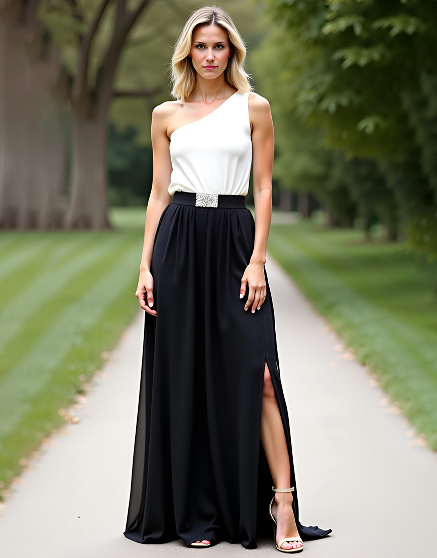 White Black One Shoulder A Line Chiffon Long Mother of the Bride Dress With Slit
