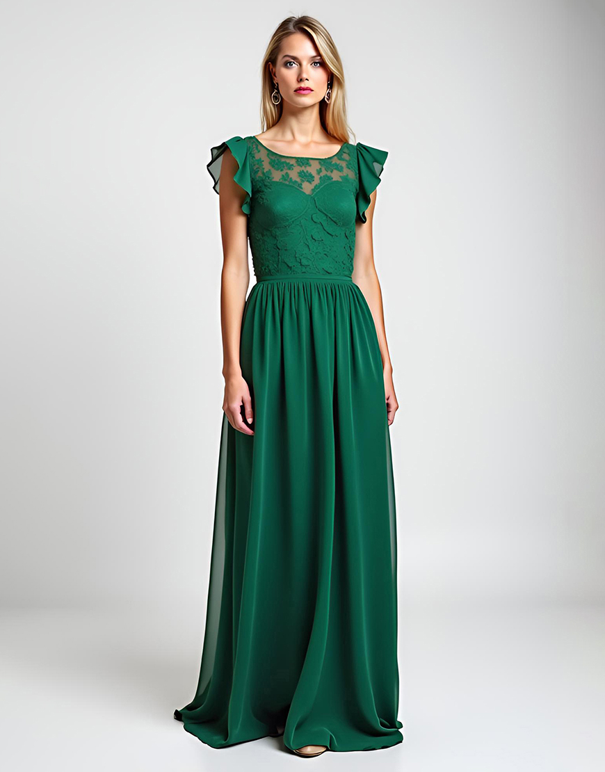 Dark Green Cap Sleeves Chiffon Long Mother of the Bride Dress