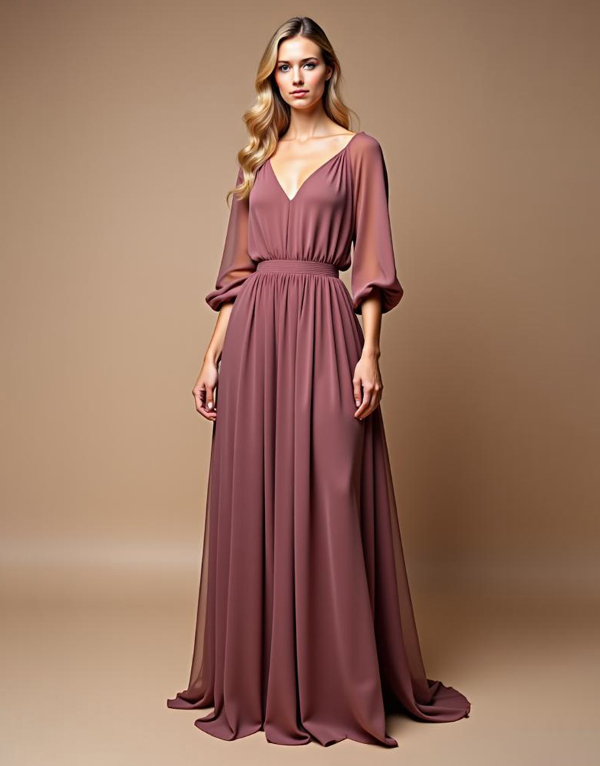 A Line Vintage Mauve V Neck Chiffon Long Mother of the Bride Dress