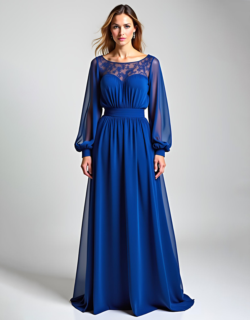 A Line Royal Blue Illusion Neck Chiffon Long Mother of the Bride Dress
