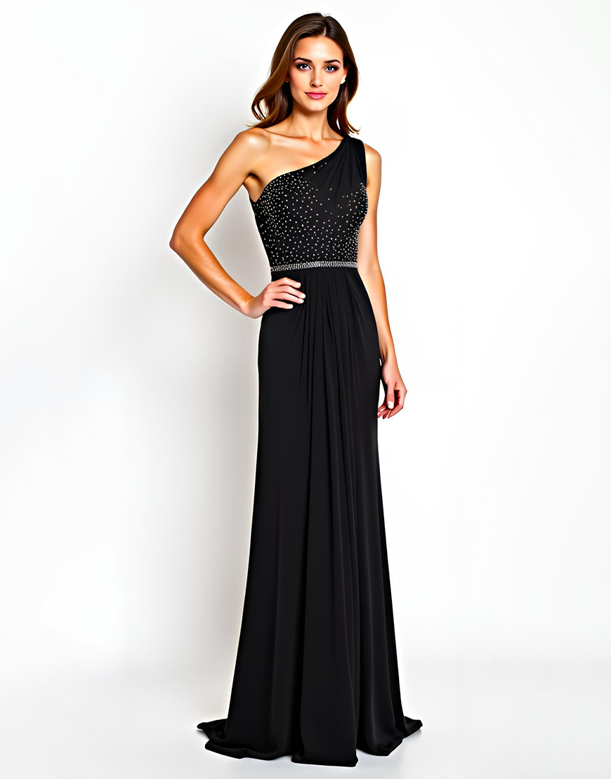 Sparkly Black One Shoulder Beaded Long Mother of the Bride Dress