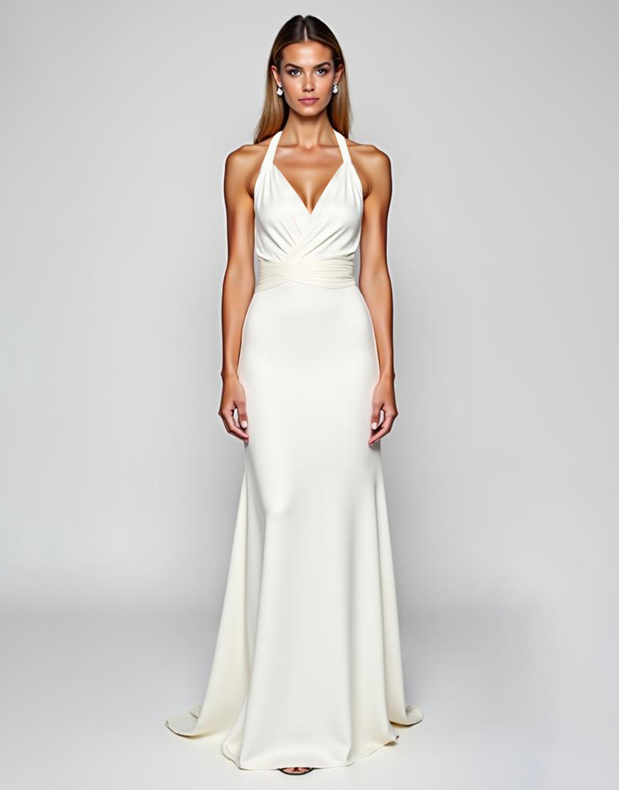 White Sheath Halter Ruched Satin Long Graduation Dress