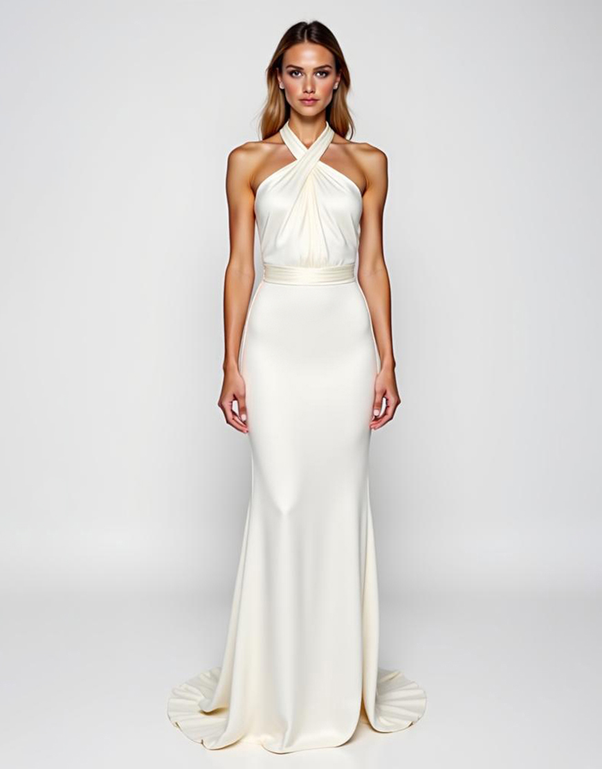 White Mermaid Halter Backless Satin Long Graduation Dress