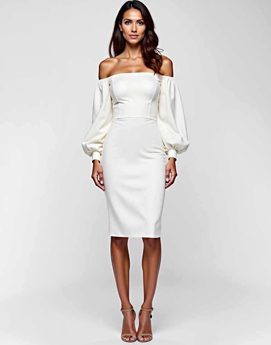 White Sheath Off the Shoulder Long Sleeves Satin Graduation Dress
