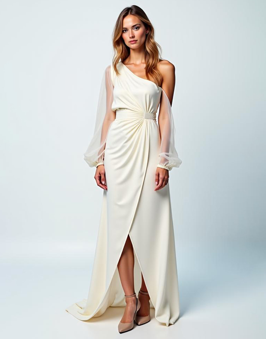 Ivory One Shoulder Sheer Sleeves Crepe Long Graduation Dress with Slit