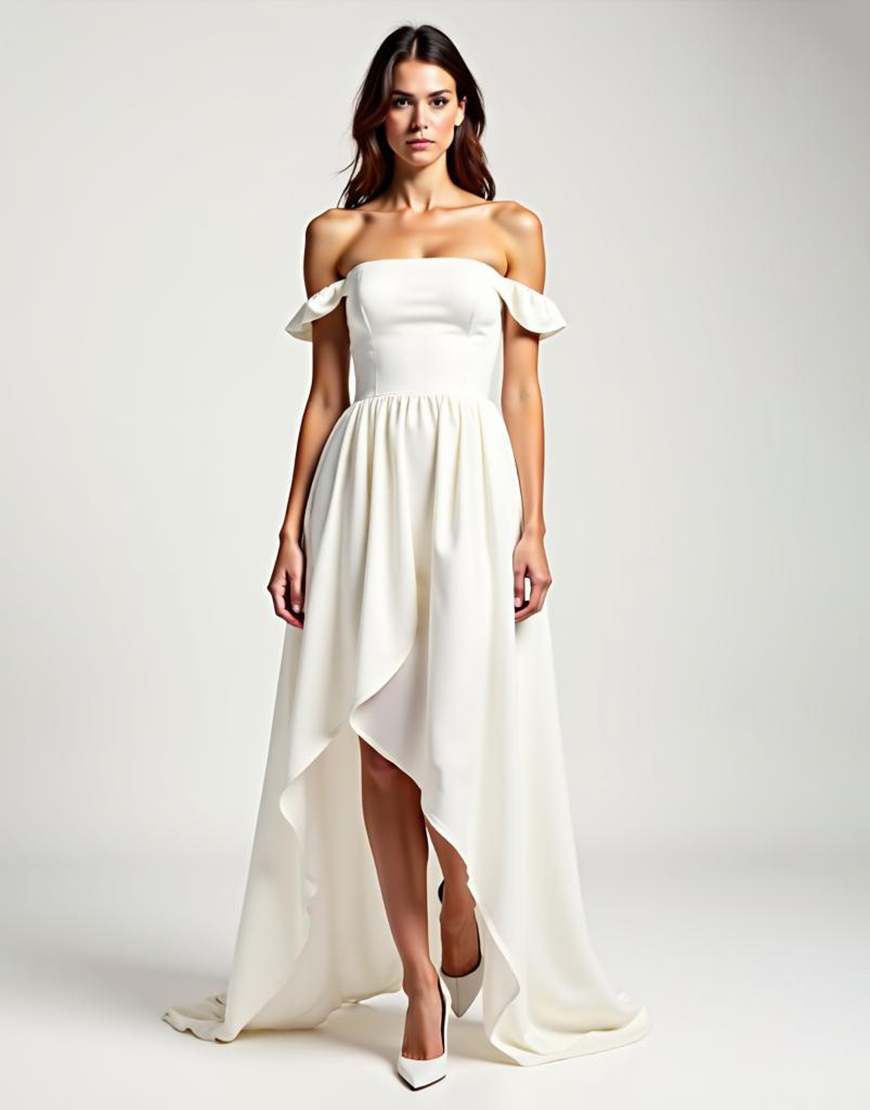 White A Line Off the Shoulder Chiffon High Low Graduation Dress
