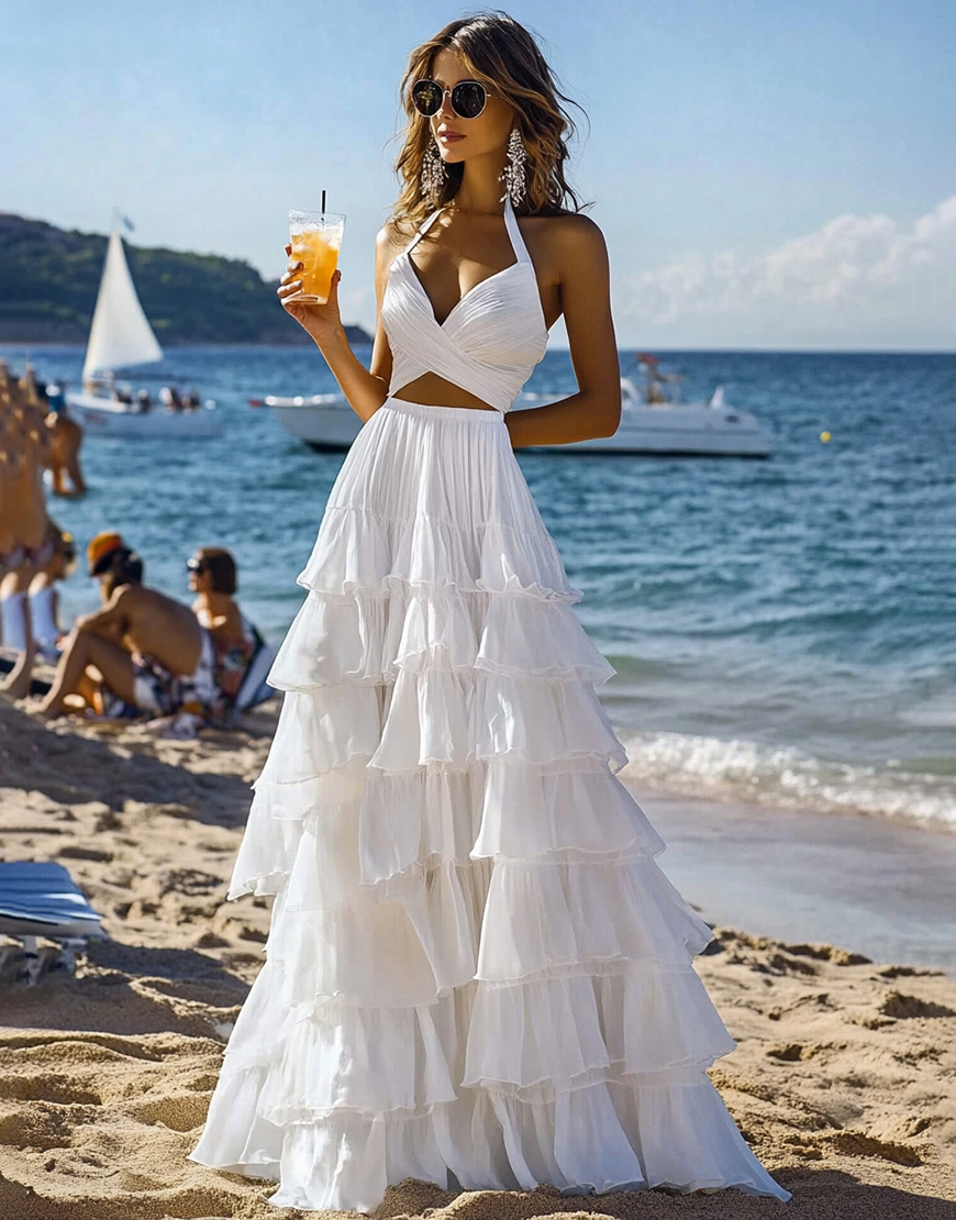 White A Line 2-Piece Halter Tiered Long Graduation Dress with Ruffles