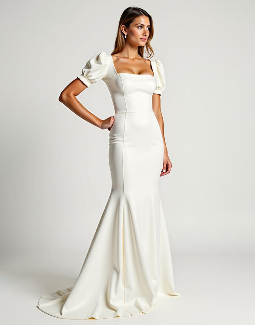 Ivory Mermaid Square Neck Puff Sleeves Long Graduation Dress