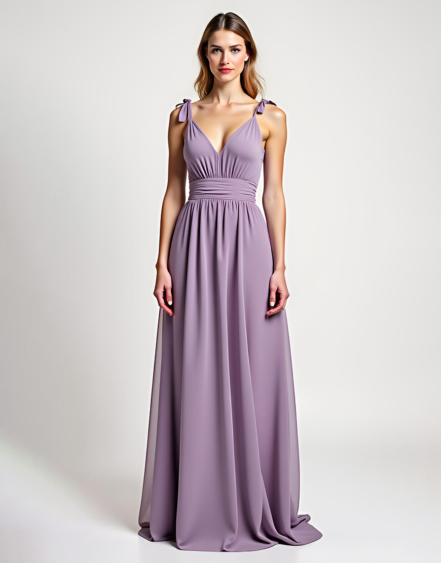 Lilac A Line Bowknot Straps Backless Ruched Chiffon Long Bridesmaid Dress