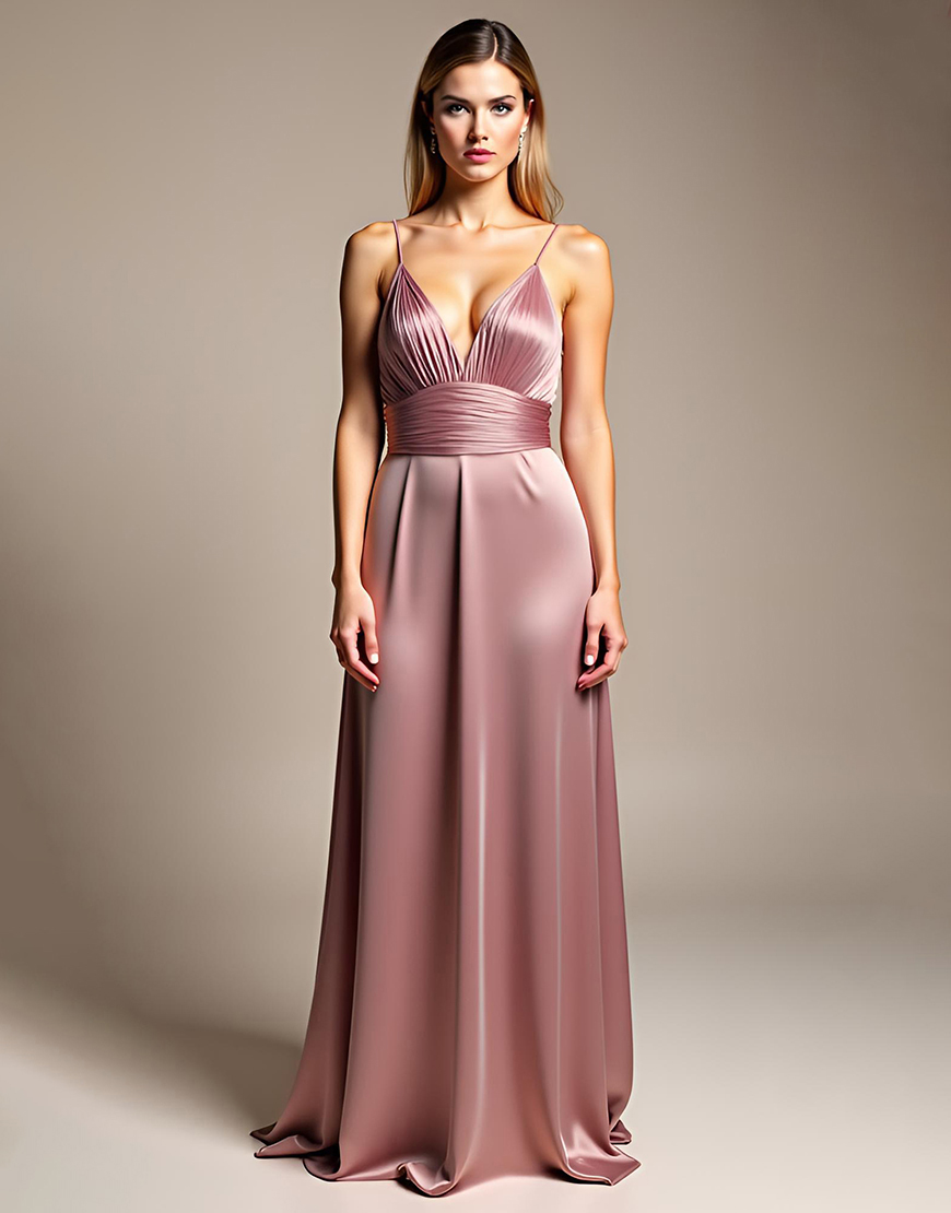 Spaghetti Straps Dusty Rose A Line Ruched Satin Long Bridesmaid Dress