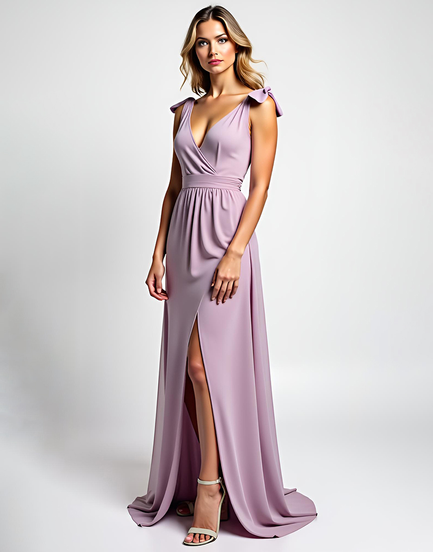 Lilac Ruched Chiffon Bowknot Straps Long Bridesmaid Dress with Slit