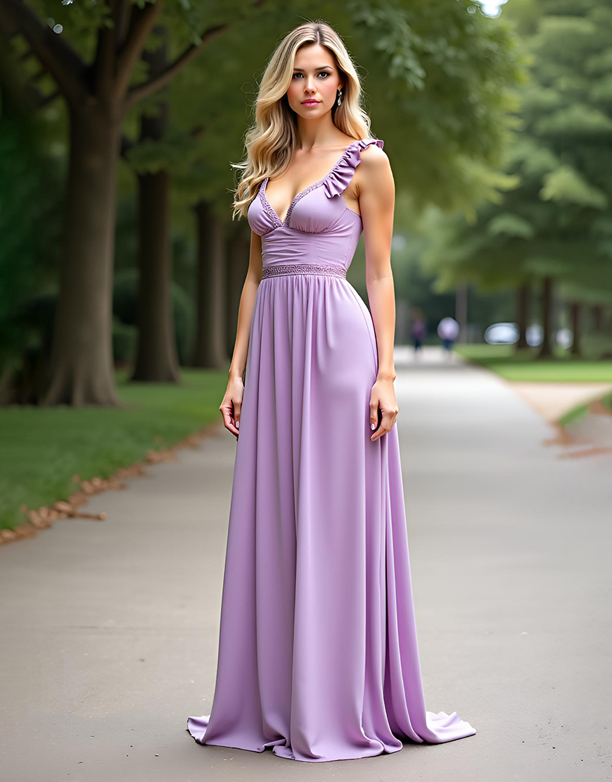 A Line Lilac V Neck Beaded Chiffon Long Bridesmaid Dress with Ruffles