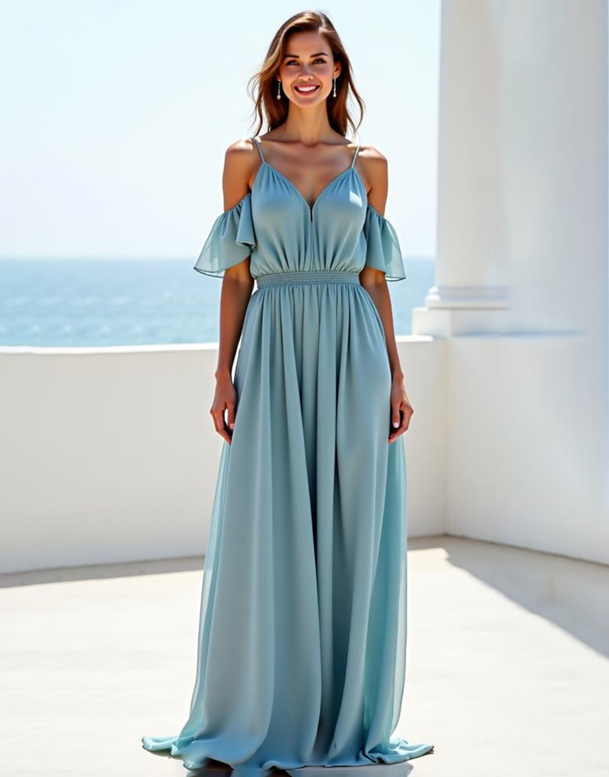 Blue A Line Cold Shoulder Chiffon Long Bridesmaid Dress with Ruffles