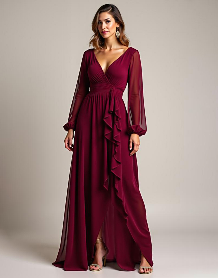 Burgundy A Line Chiffon Backless Long Mother of the Bride Dress with Ruffles