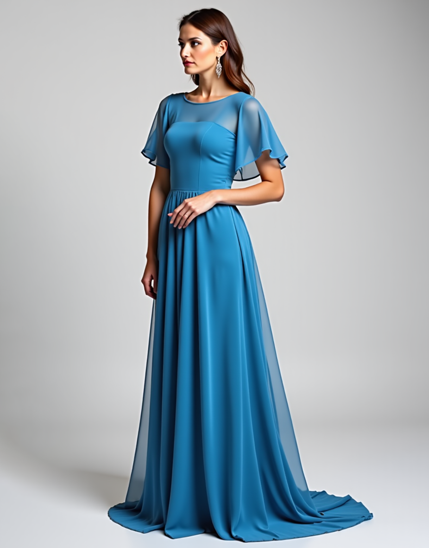 Blue A Line Pleated Chiffon Long Mother of the Bride Dress with Short Sleeves