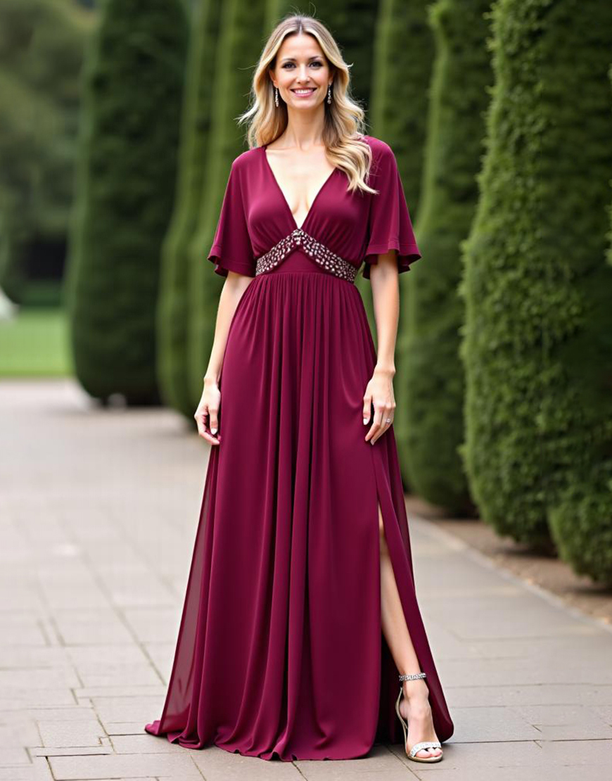 Burgundy Chiffon V-Neck Beaded Mother of the Bride Dress with Slit