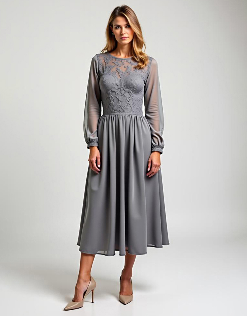 Grey Chiffon Long Sleeves Mother of the Bride Dress with Embroidery