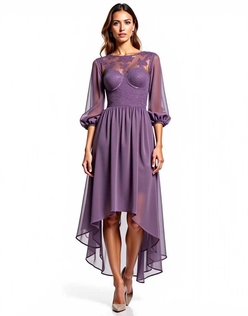 Plum Chiffon Long Sleeves High Low Mother of the Bride Dress with Embroidery