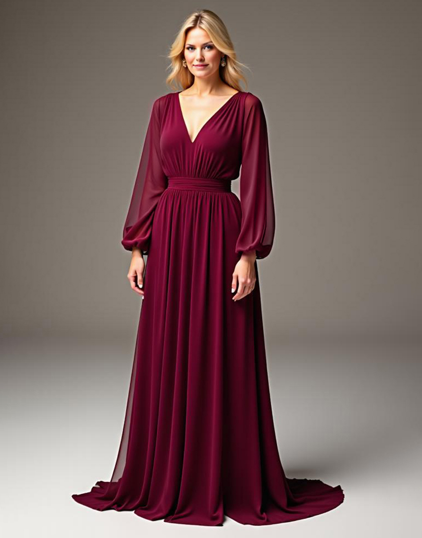 Burgundy A Line Long Sleeves V-Neck Ruched Long Mother of the Bride Dress
