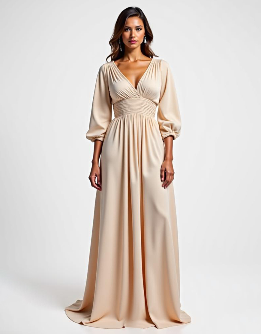 Champagne A Line V-Neck Ruched Satin Long Mother of the Bride Dress
