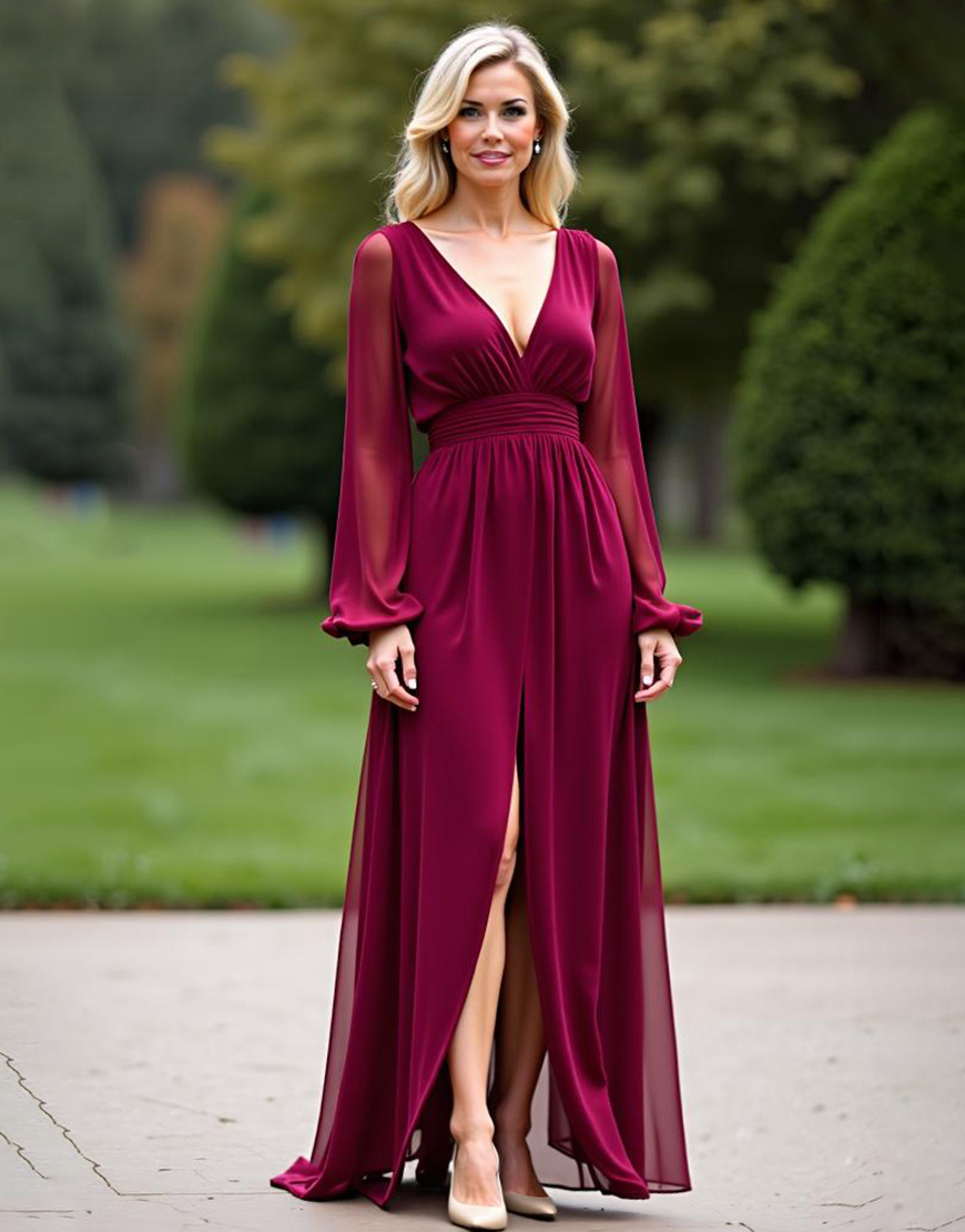 Burgundy A Line V-Neck Long Sleeves Backless Long Chiffon Mother of the Bride Dress with Slit