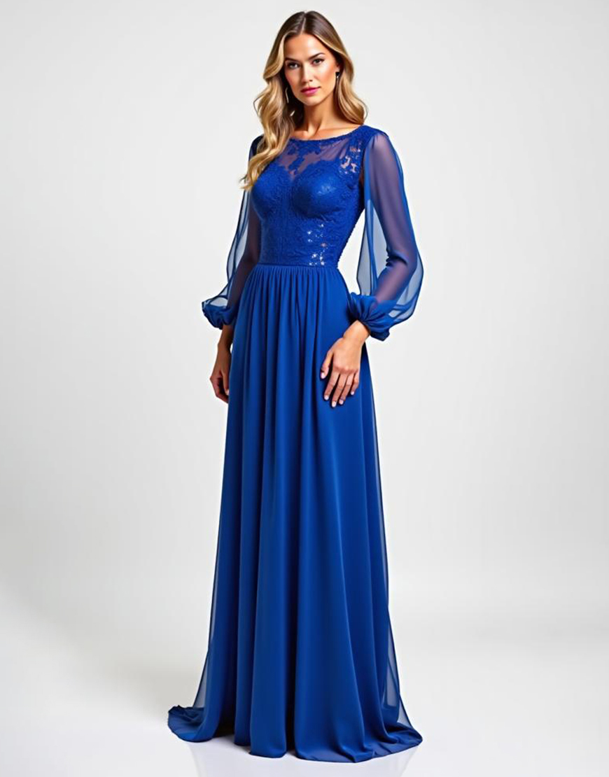 Sparkly Royal Blue A Line Sequin Chiffon Long Sheer Sleeves Mother of the Bride Dress