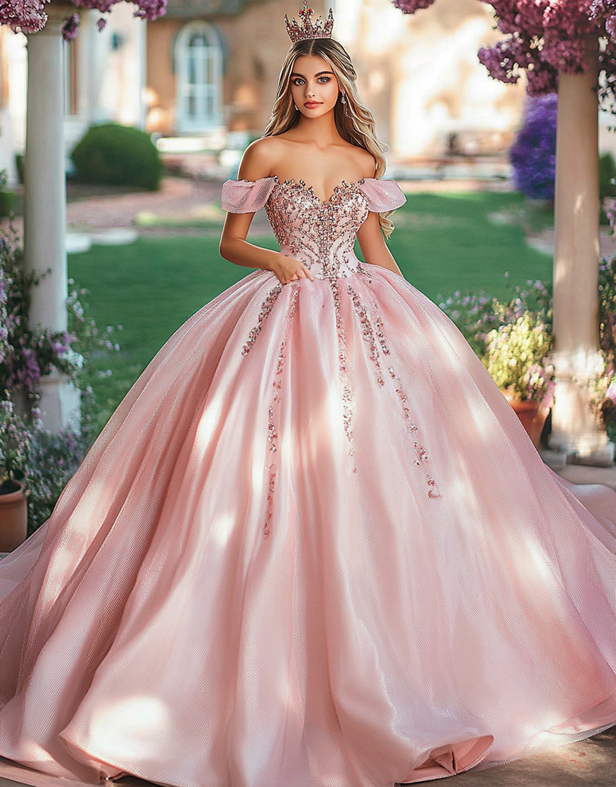 Princess Blush Ball Gown Sparkly Off the Shoulder Sequined Tulle Quinceanera Dress