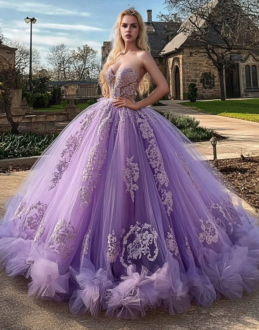 Princess Lilac Ball Gown Strapless Appliques Ruffled Tulle Quinceanera Dress
