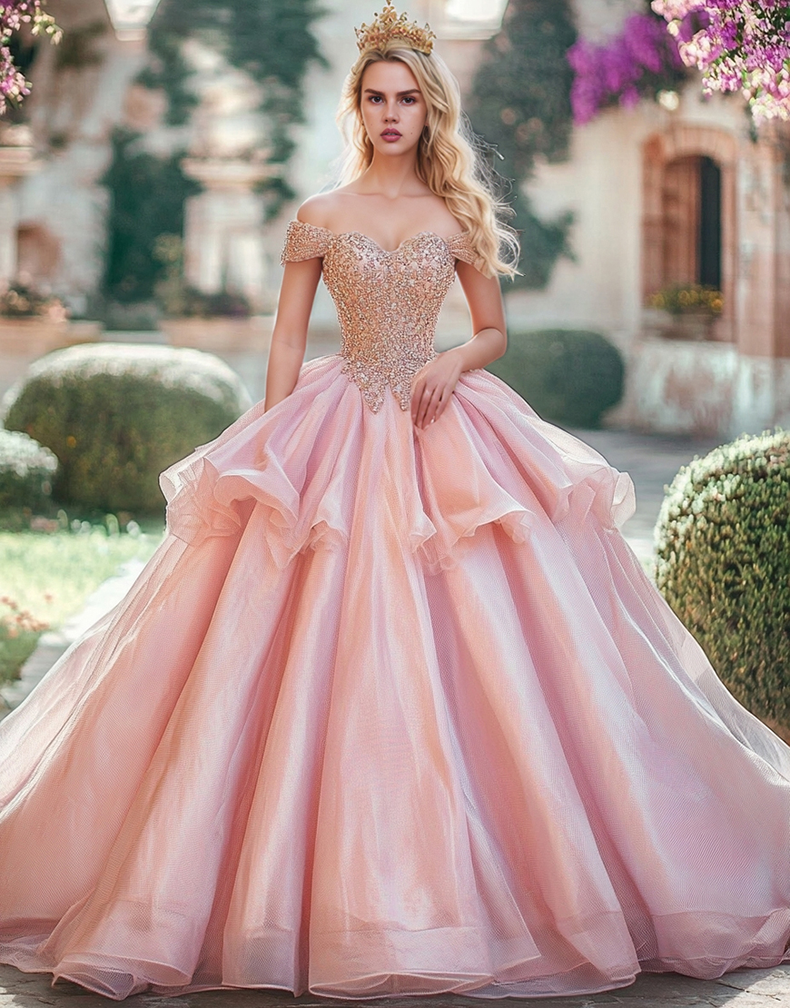 Princess Blush Ball Gown Off the Shoulder Sequined Top Ruffles Tulle Quinceanera Dress