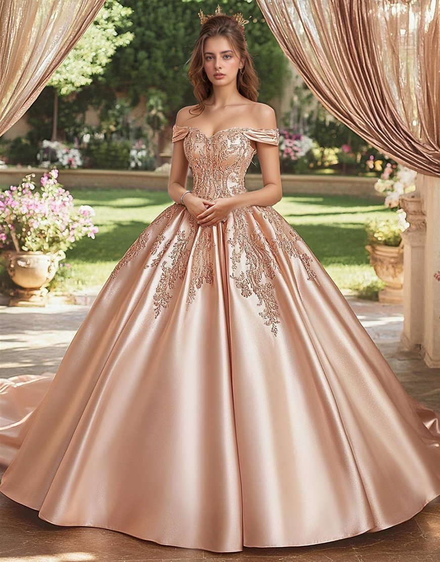 Sparkly Blush Ball Gown Off the Shoulder Satin Quinceanera Dress with Appliques