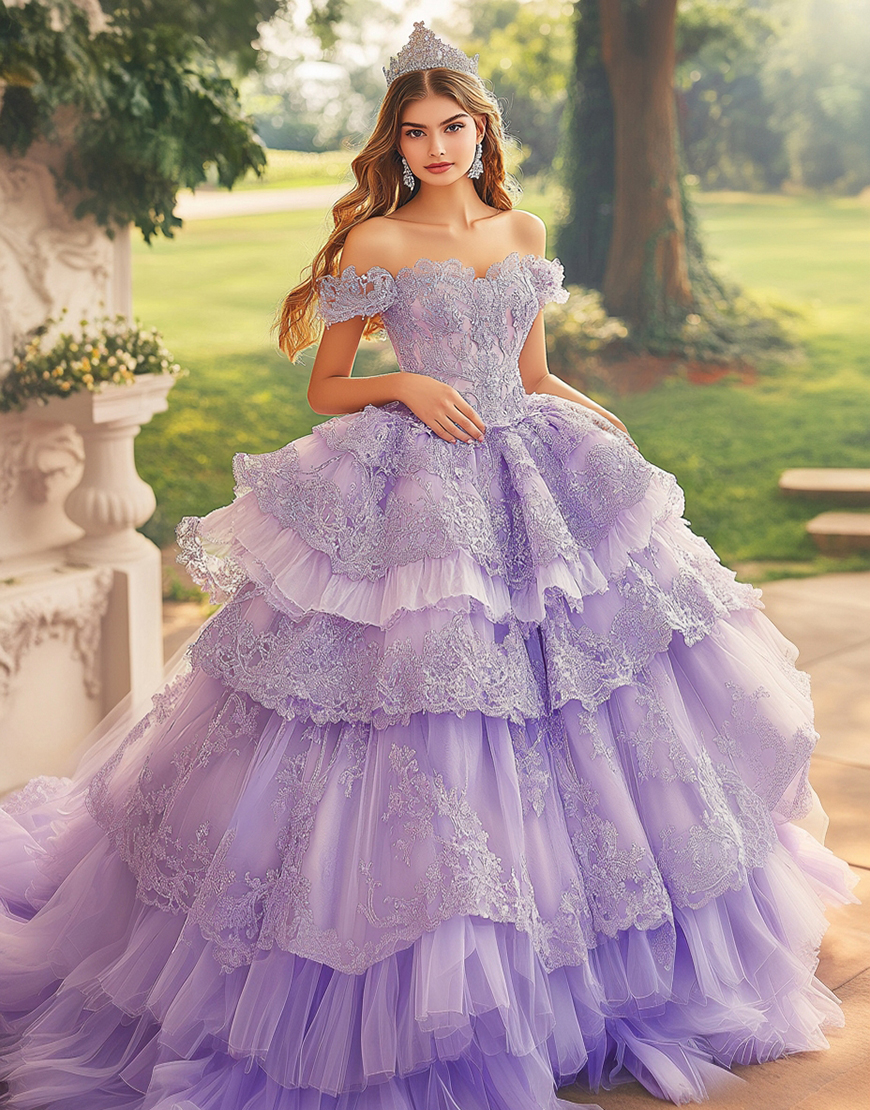 Sparkly Lilac Ball Gown Off the Shoulder Ruffles Laced Tulle Quinceanera Dress