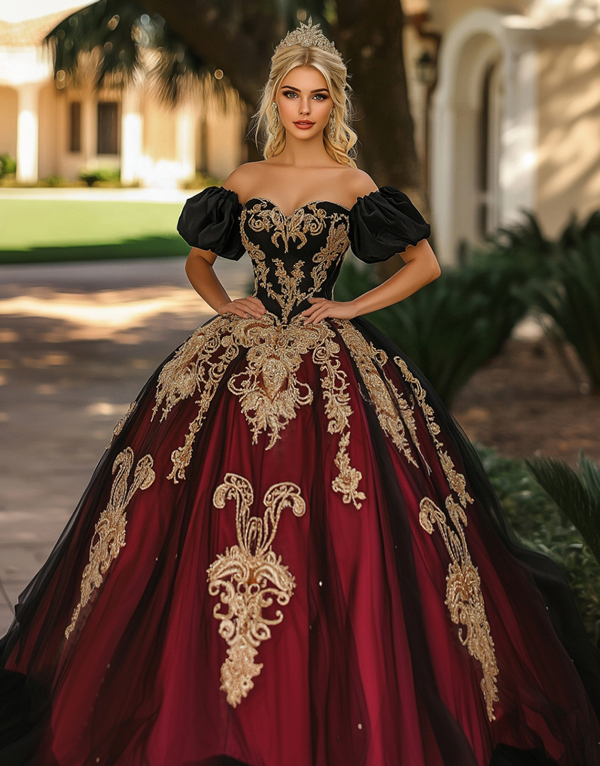 Sparkly Burgundy Black Ball Gown Off the Shoulder Tulle Quinceanera Dress with Appliques