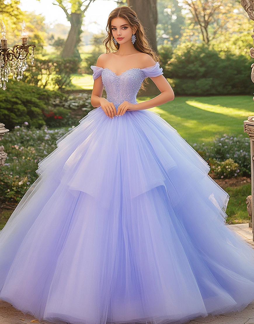 Princess Lilac Off The Shoulder Tulle Applique Quinceanera Dress