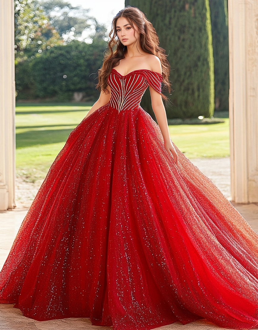 Princess Red Off The Shoulder Tulle Beading Quinceanera Dress