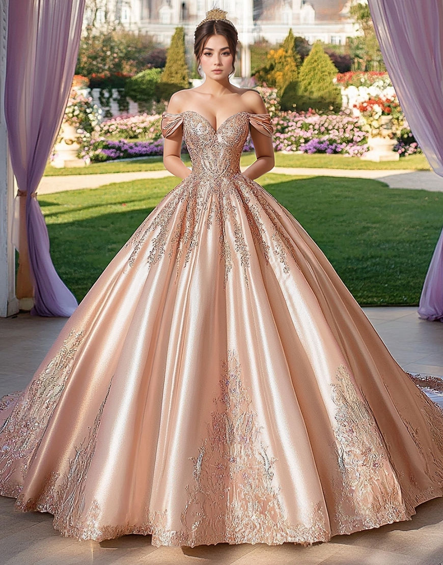Princess Champagne Off The Shoulder Embroidery Quinceanera Dress