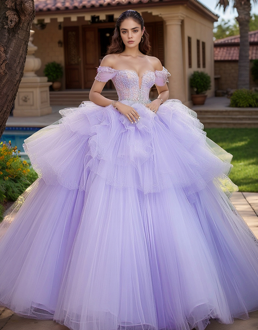 Princess Lilac Off The Shoulder Tulle Quinceanera Dress With Ruffles