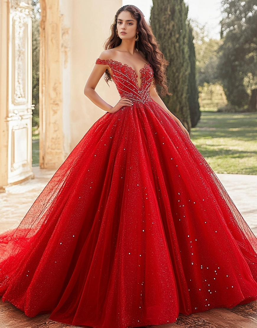 Princess Red Off The Shoulder Tulle  Quinceanera Dress With Beading