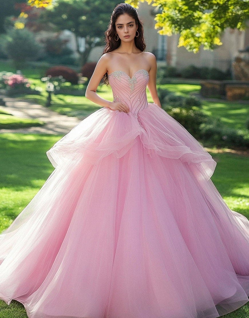 Princess Pink Sweetheart Tulle Quinceanera Dress With Ruffles