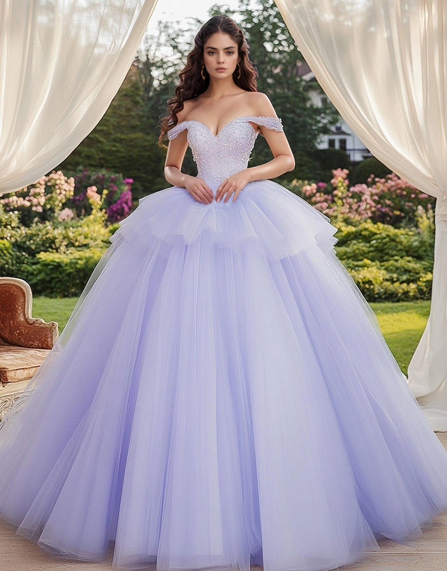Princess Lavender Off the Shoulder Tulle Quinceanera Dress