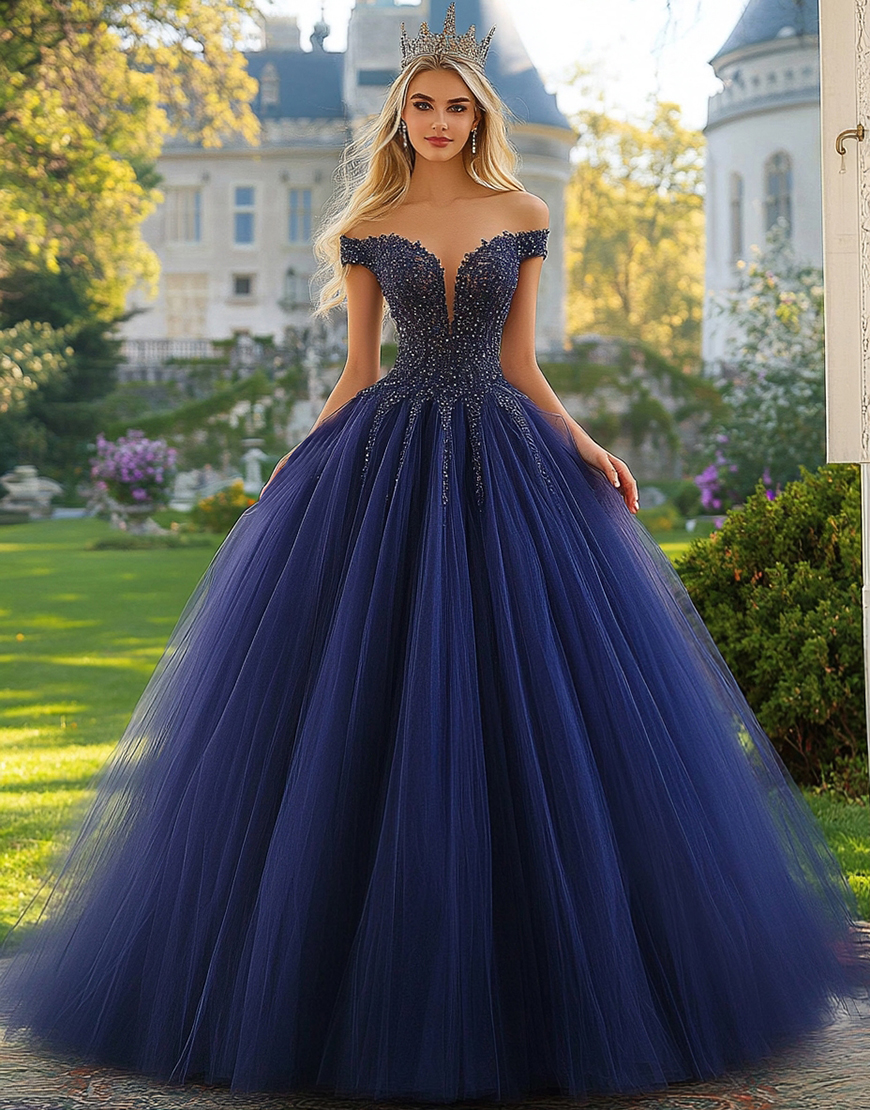 Princess Navy Off the Shoulder Tulle Appliques Quinceanera Dress