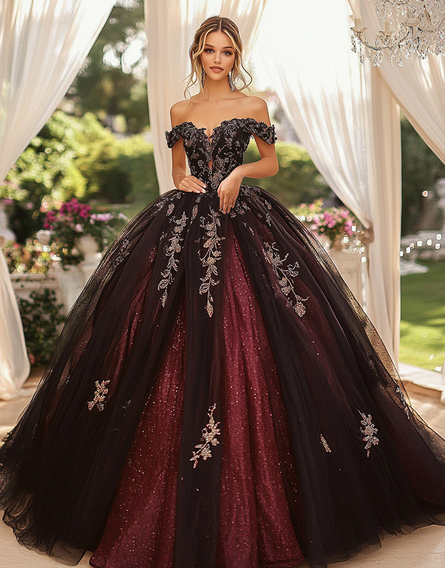 Princess Burgundy Black Off the Shoulder Tulle Lace Appliques Quinceanera Dress