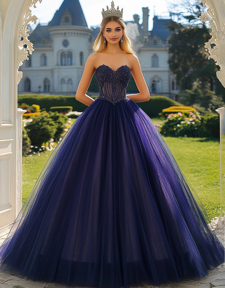 Princess Navy Sweetheart Tulle Beading Quinceanera Dress