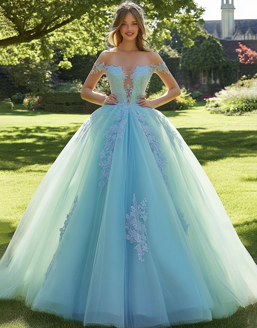 Princess Mint Strapless Off the Shoulder Tulle Lace Appliques Quinceanera Dress