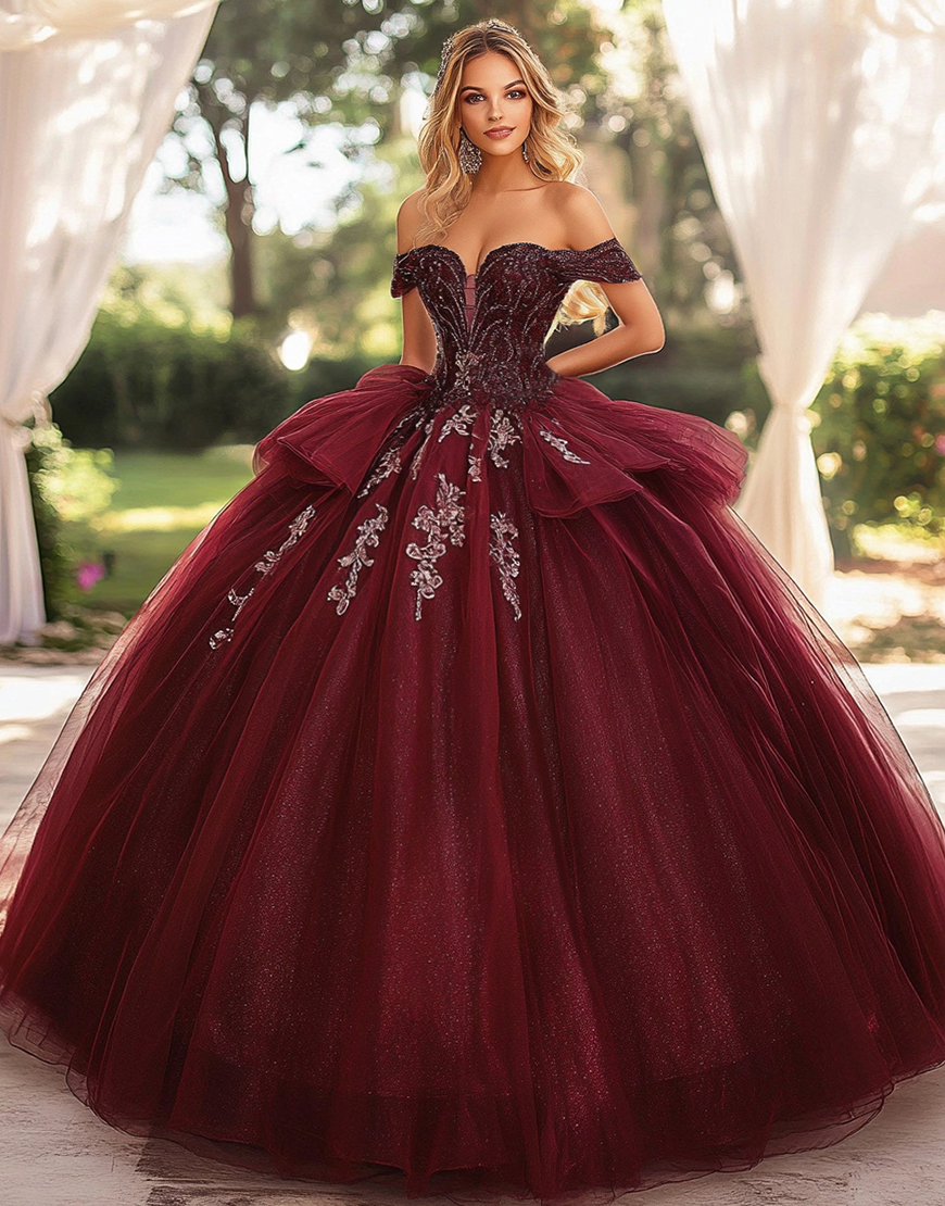 Sparkly Burgundy Off The Shoulder Organza Applique Princess Quinceanera Dress