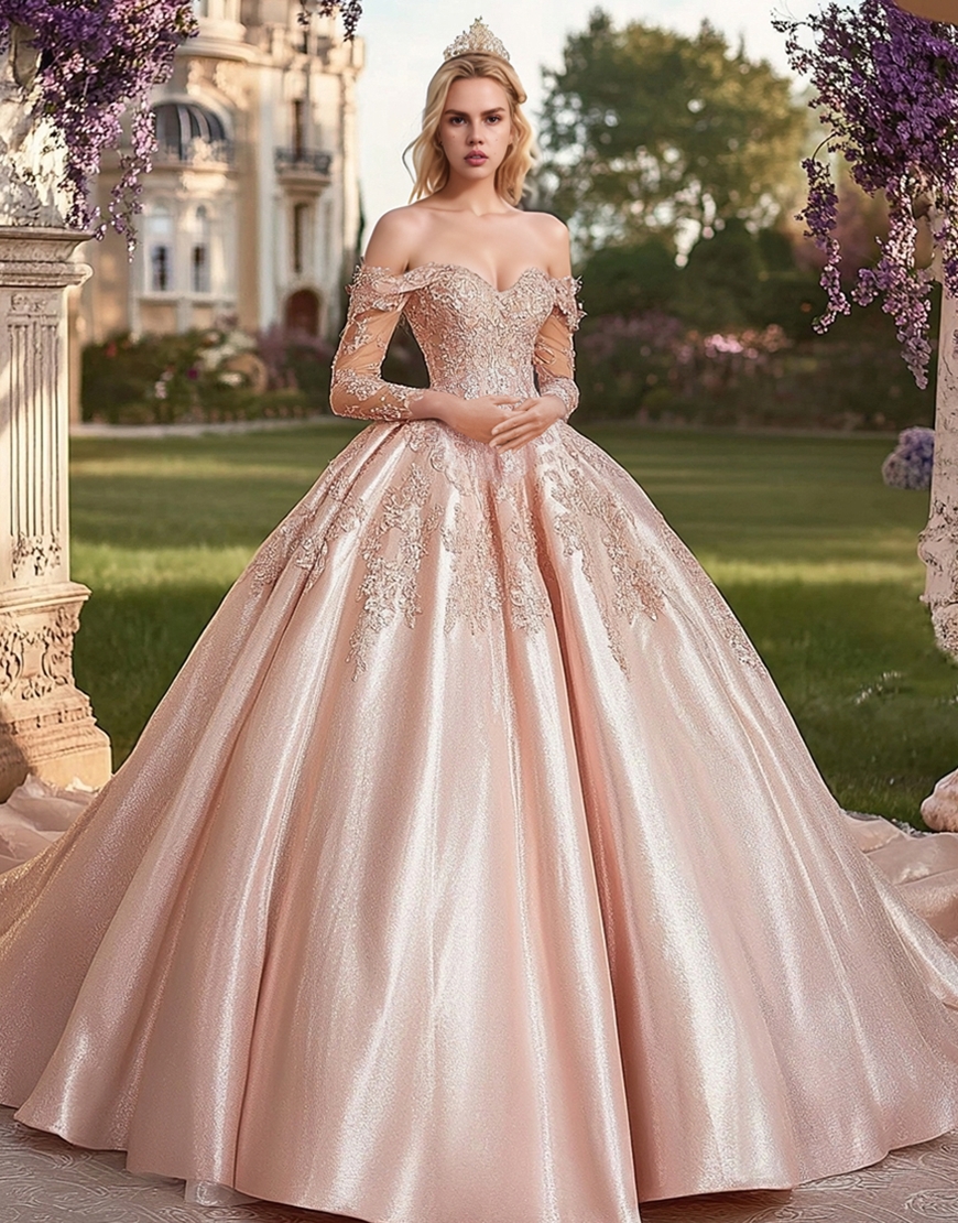 Sparkly Blush Off the Shoulder Long Sleeves Satin Applique Princess Quinceanera Dress