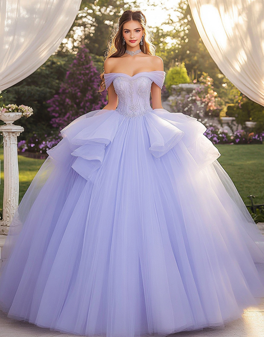 Sparkly Lavender Off The Shoulder Princess Tulle Ruffles Quinceanera Dress