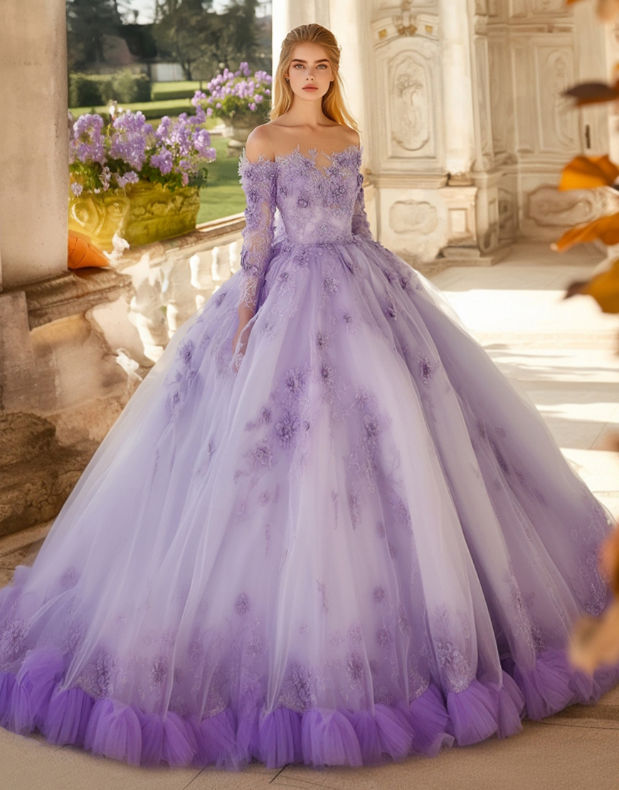 Princess Lilac Off The Shoulder Long Sleeve Princess Tulle Quinceanera Dress With 3D Flowers