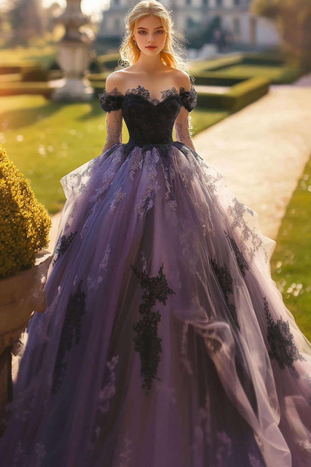 Black Off the Shoulder Long Sleeves Ball Gown Tulle Appliqued Quinceanera Dress