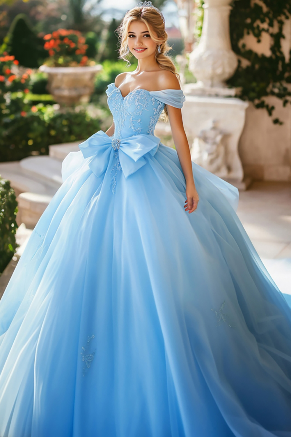 Stylish Sky Blue Off the Shoulder Ball Gown Tulle Applique Quinceanera Dress with Bow